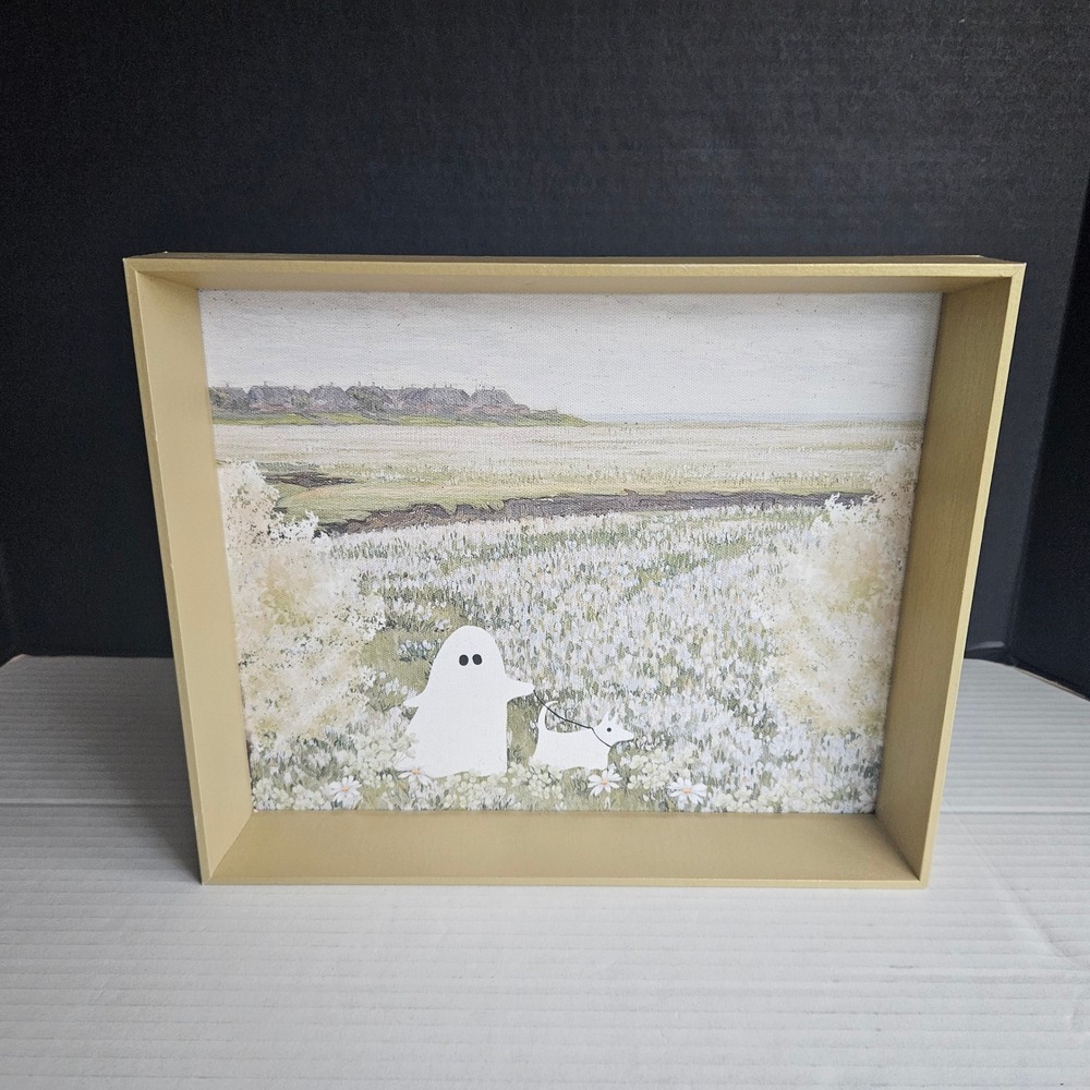 Framed Ghost Dog Walking Art Print Shadow Box Whimsical Halloween Decor 12"x10"
